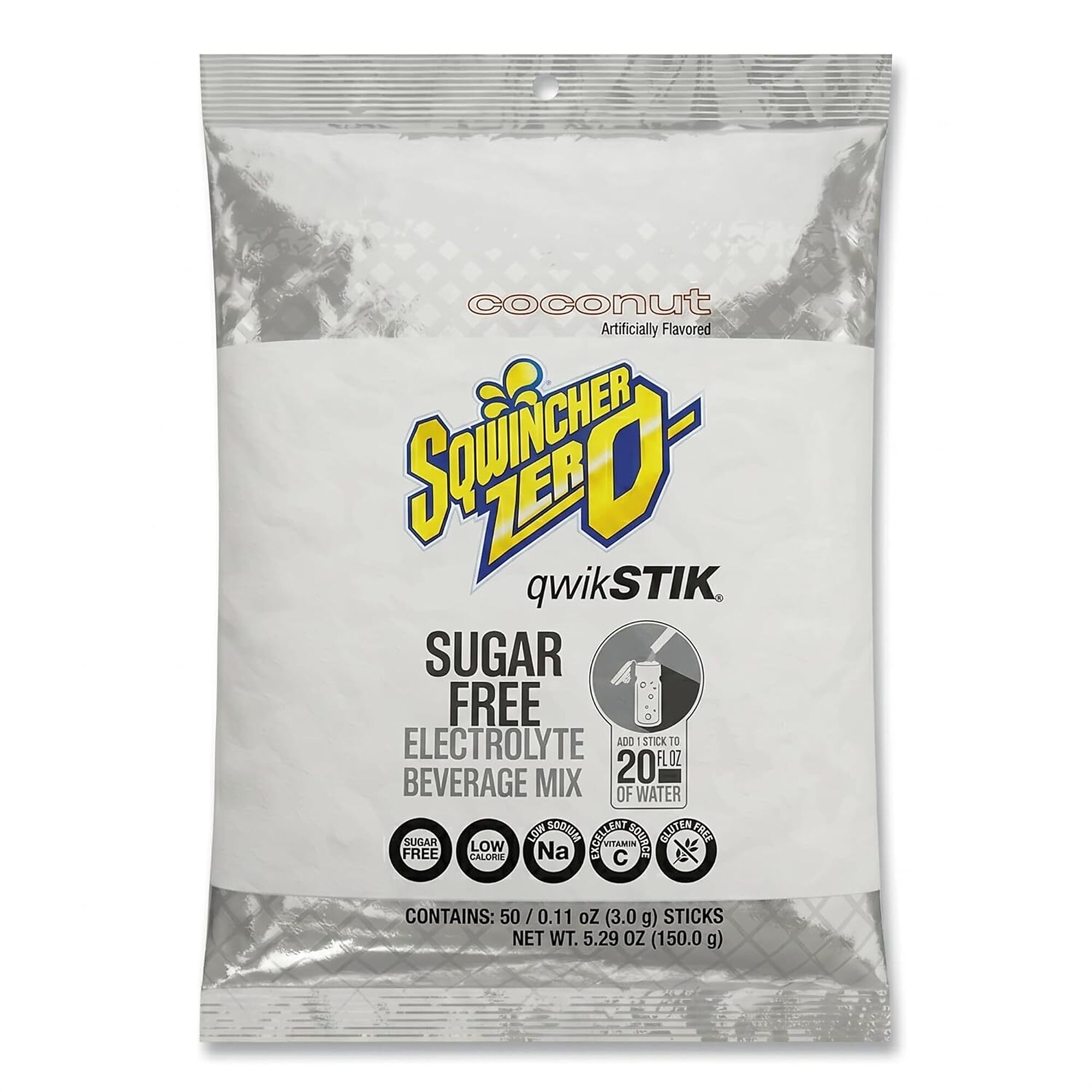 Sqwincher Zero Qwik Stik Sugar Free Electrolyte Powder Packets, Coconut, 0.11 oz, Makes 20 oz, 50 Count